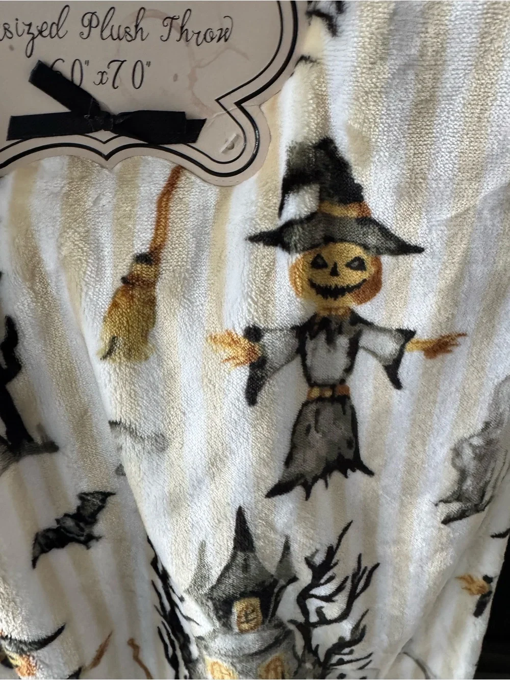 Spookville Halloween Striped  Throw Blanket w/Scarecrows Haunted House Bats NWT